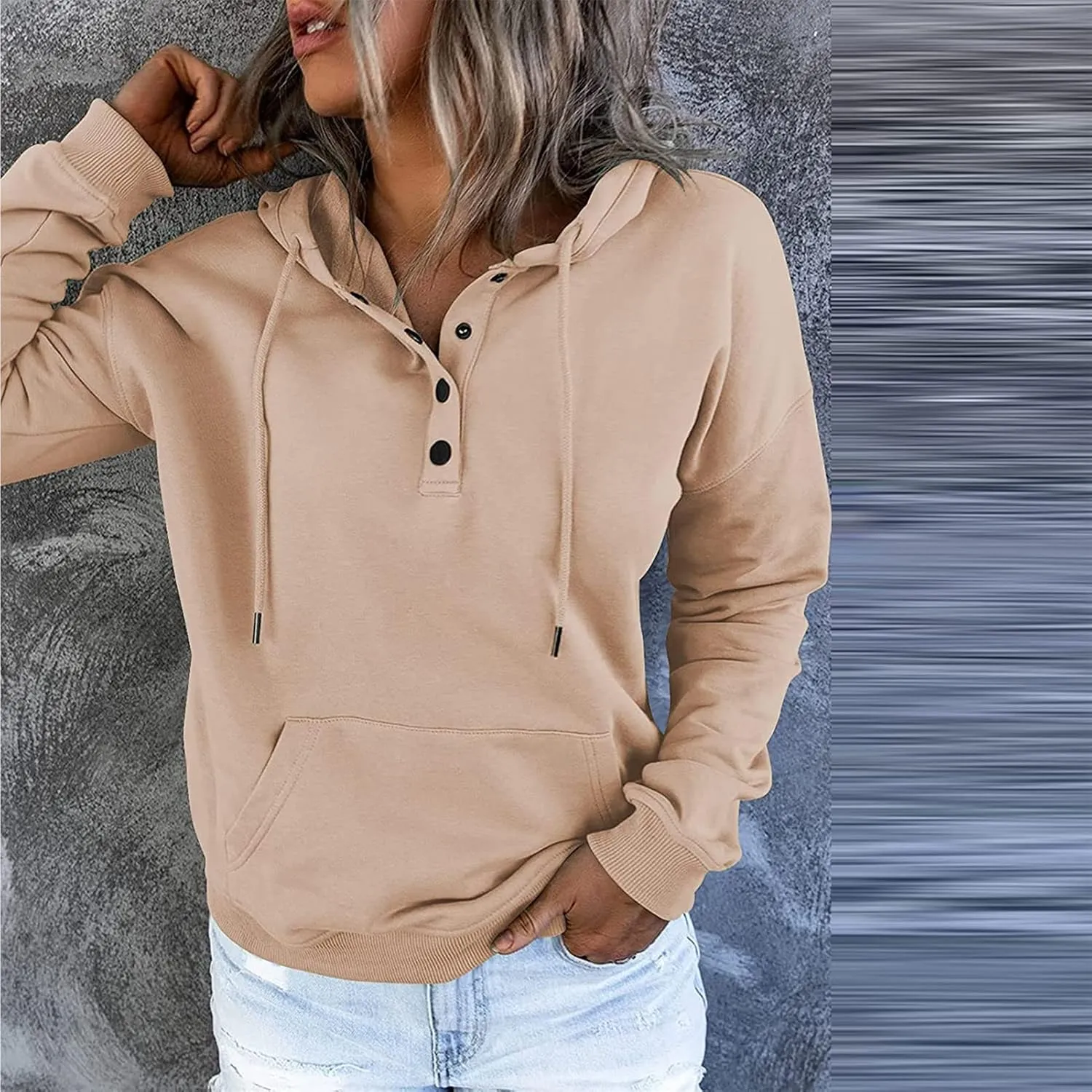 Womens Pure Color Oversized Hoodies Button V Neck Athletic Hooded Sweatshirts Fall Winter Pullover with Pocket