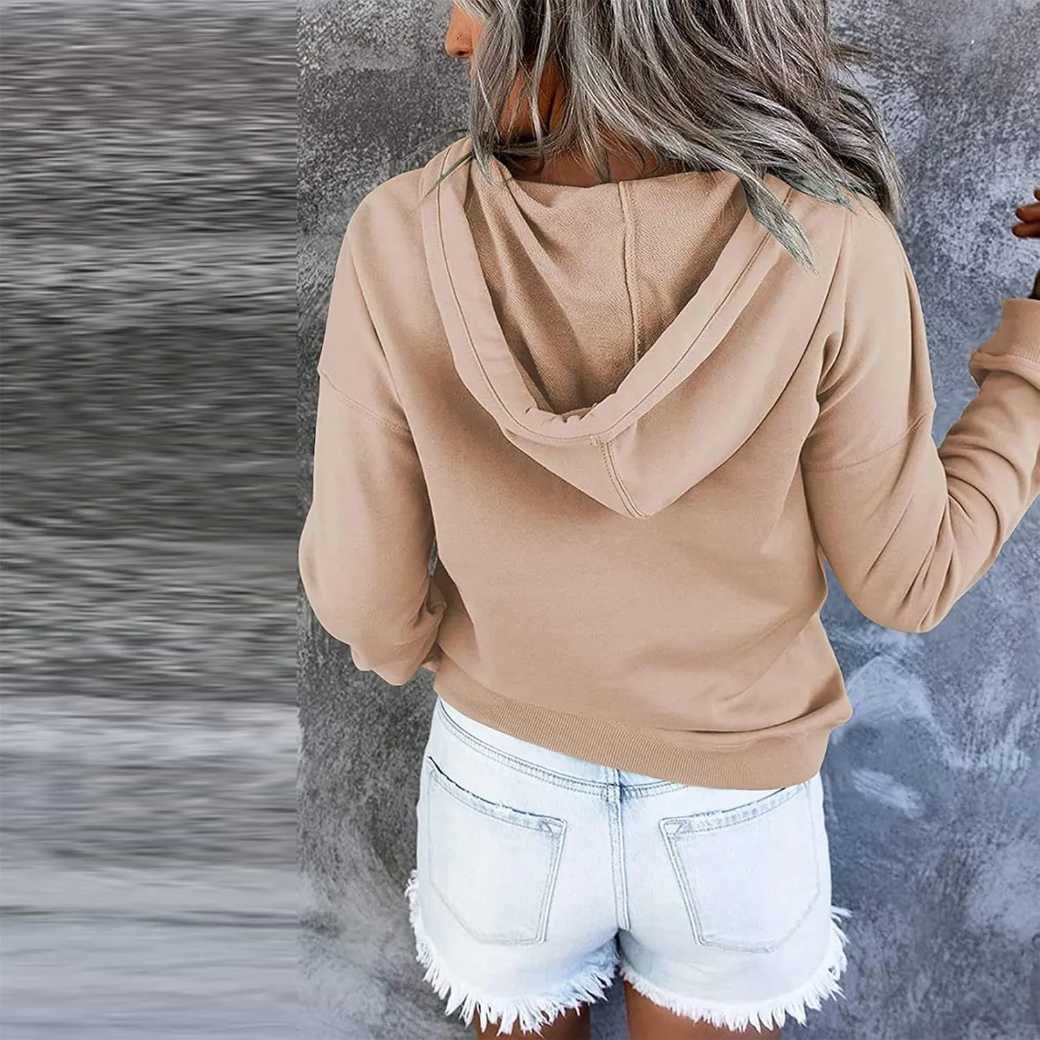 Womens Pure Color Oversized Hoodies Button V Neck Athletic Hooded Sweatshirts Fall Winter Pullover with Pocket