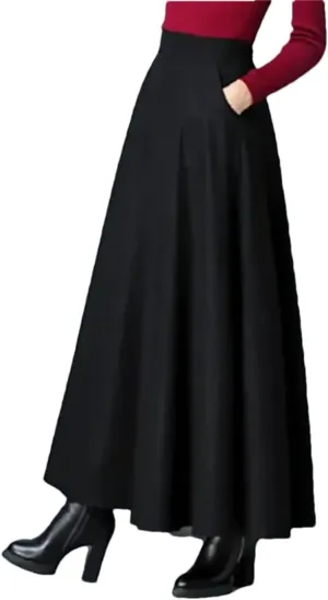 Women's Retro High Waist Pleated Skirt Autumn and Winter Warm A-Line Midi Skirt with Pockets