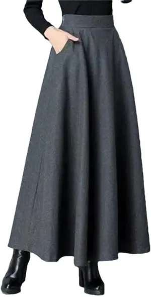 Women's Retro High Waist Pleated Skirt Autumn and Winter Warm A-Line Midi Skirt with Pockets