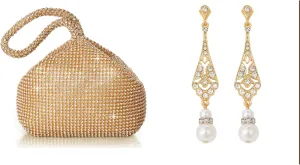 Women's Rhinestone Clutch Evening Bags Sparkly Glitter Triangle Purse for 1920s Party Prom Wedding 1920s Vintage Wedding Pearl Dangle Drop Earrings Art Deco Gatsby Earrings