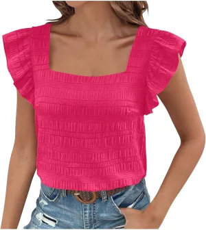 Womens Ruffle Cap Sleeve Tops Petite Crop Square Neck Blouses Dressy Casual Summer Daily T Shirts Going Out Tunic
