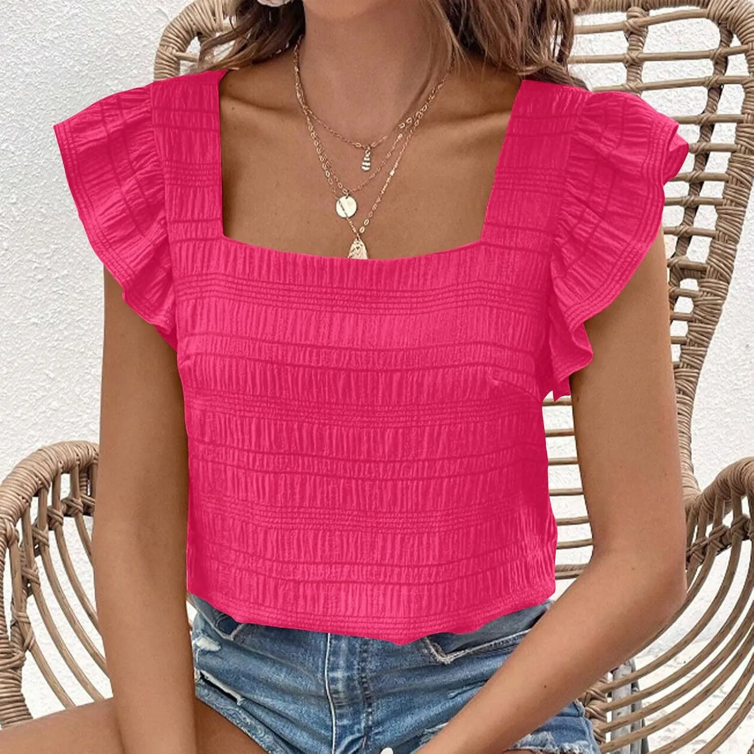 Womens Ruffle Cap Sleeve Tops Petite Crop Square Neck Blouses Dressy Casual Summer Daily T Shirts Going Out Tunic