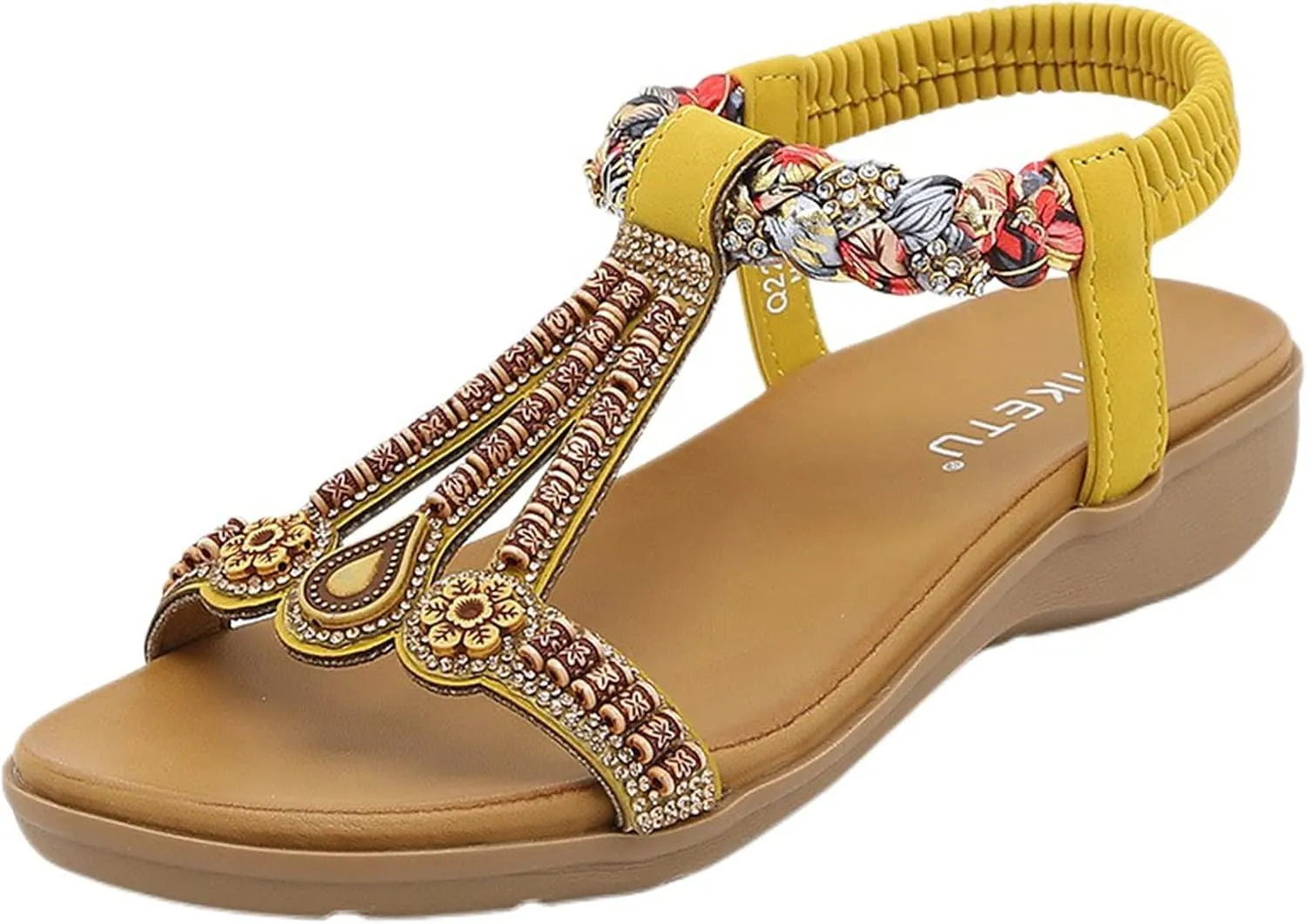 Womens Sandals Arch Support Summer Beach Sandals Elastic Ankle Strap Jeweled Bohemian Flats, Comfortable Slip on Walking Beach Dress Shoes Orthopedic Sandal