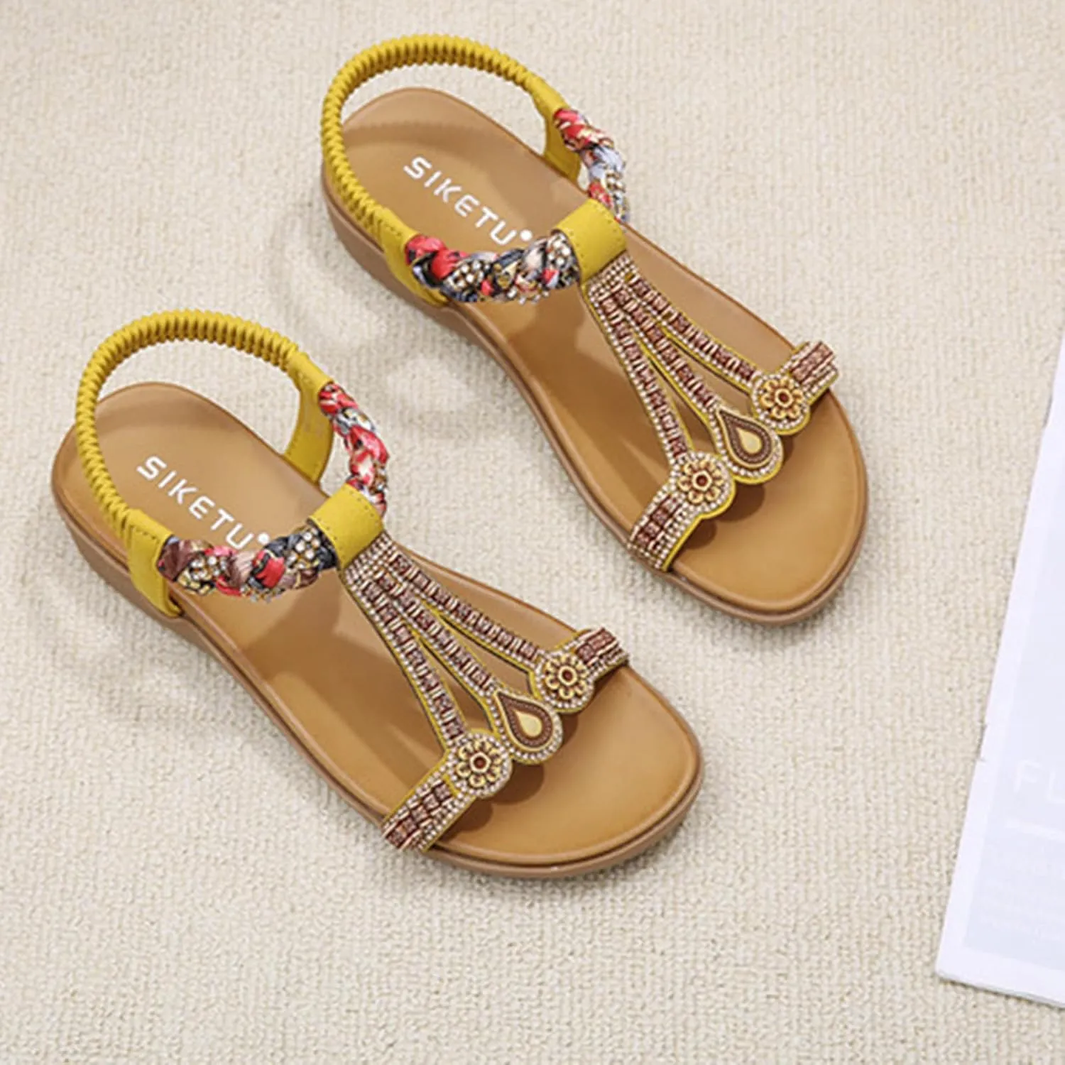 Womens Sandals Arch Support Summer Beach Sandals Elastic Ankle Strap Jeweled Bohemian Flats, Comfortable Slip on Walking Beach Dress Shoes Orthopedic Sandal