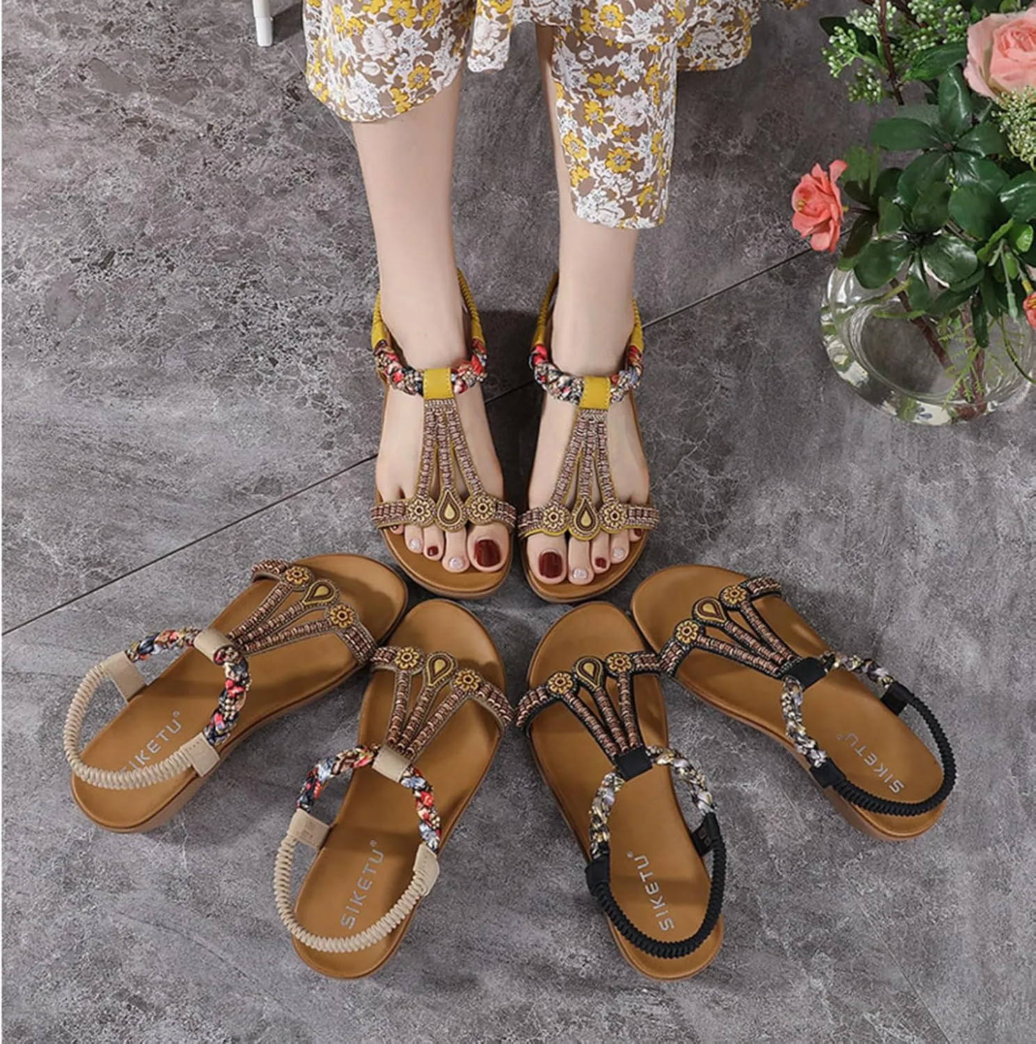 Womens Sandals Arch Support Summer Beach Sandals Elastic Ankle Strap Jeweled Bohemian Flats, Comfortable Slip on Walking Beach Dress Shoes Orthopedic Sandal