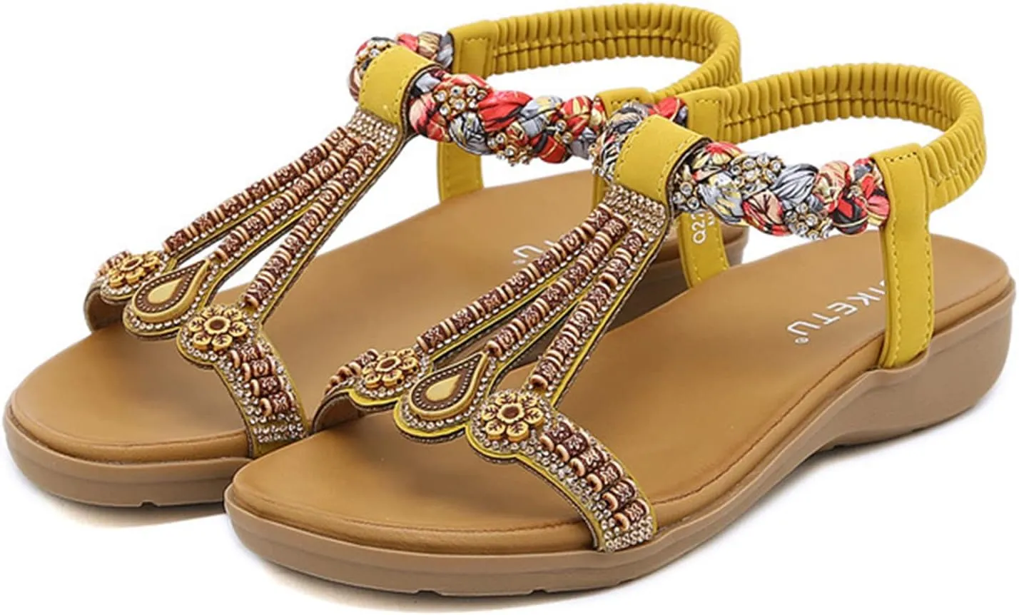 Womens Sandals Arch Support Summer Beach Sandals Elastic Ankle Strap Jeweled Bohemian Flats, Comfortable Slip on Walking Beach Dress Shoes Orthopedic Sandal