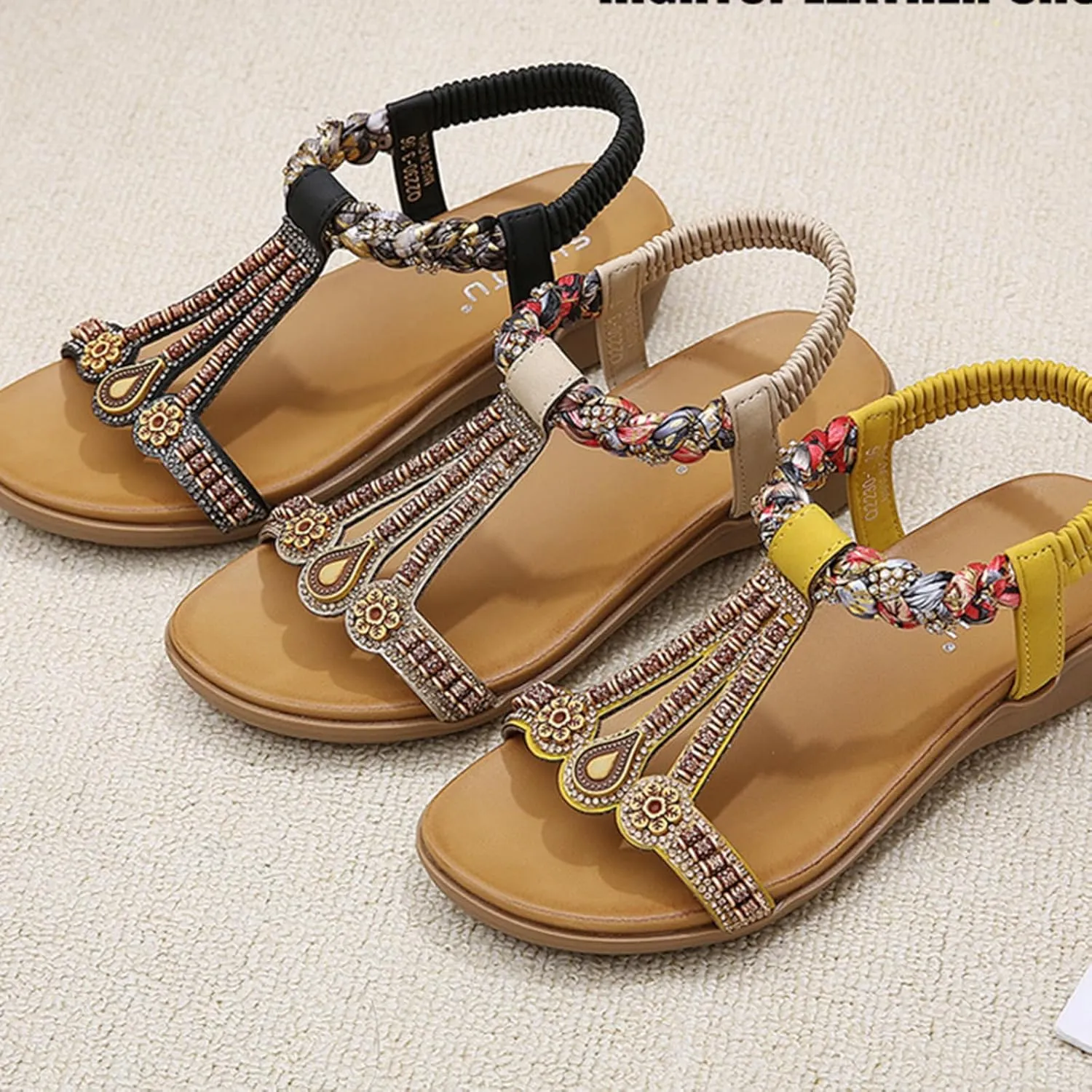 Womens Sandals Arch Support Summer Beach Sandals Elastic Ankle Strap Jeweled Bohemian Flats, Comfortable Slip on Walking Beach Dress Shoes Orthopedic Sandal