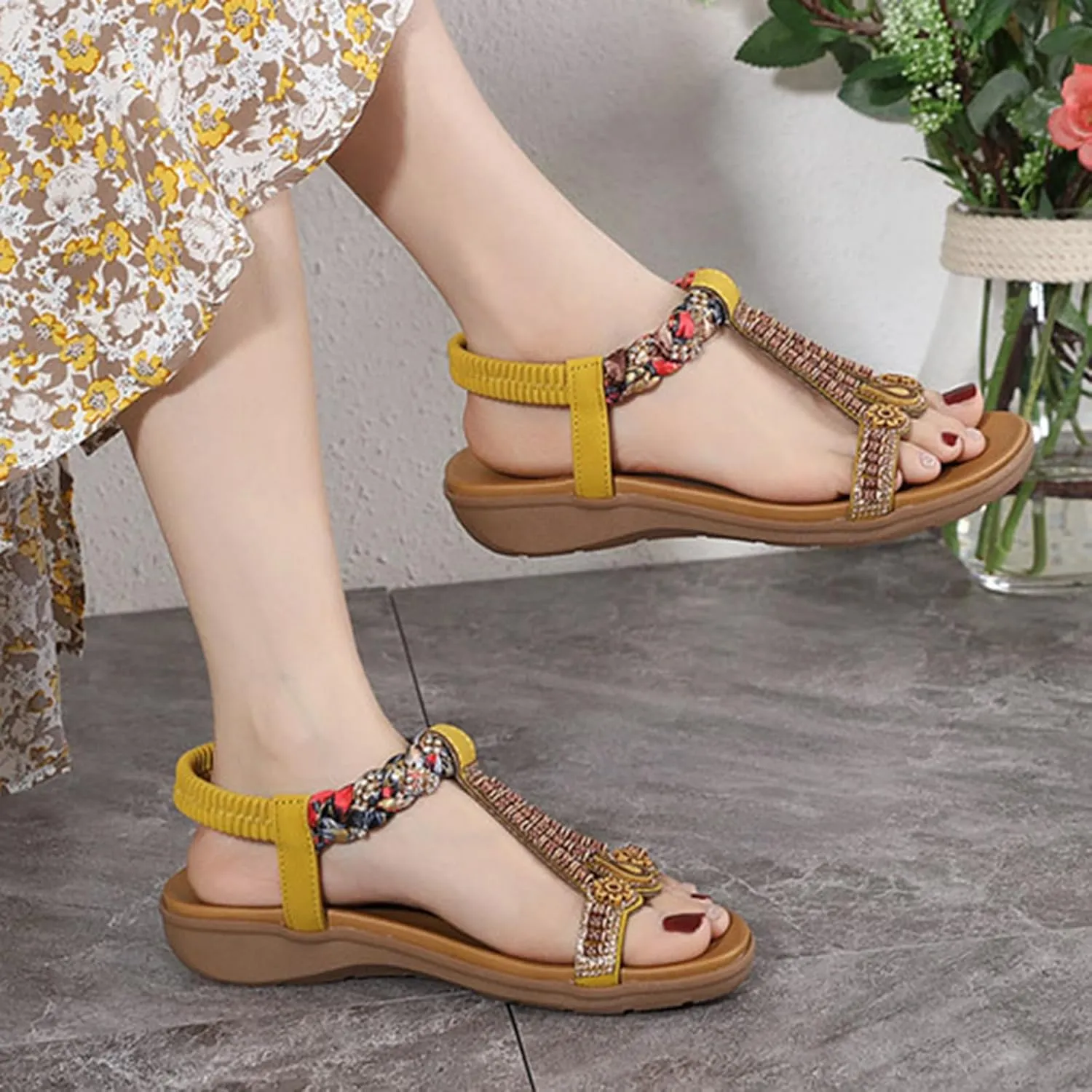 Womens Sandals Arch Support Summer Beach Sandals Elastic Ankle Strap Jeweled Bohemian Flats, Comfortable Slip on Walking Beach Dress Shoes Orthopedic Sandal