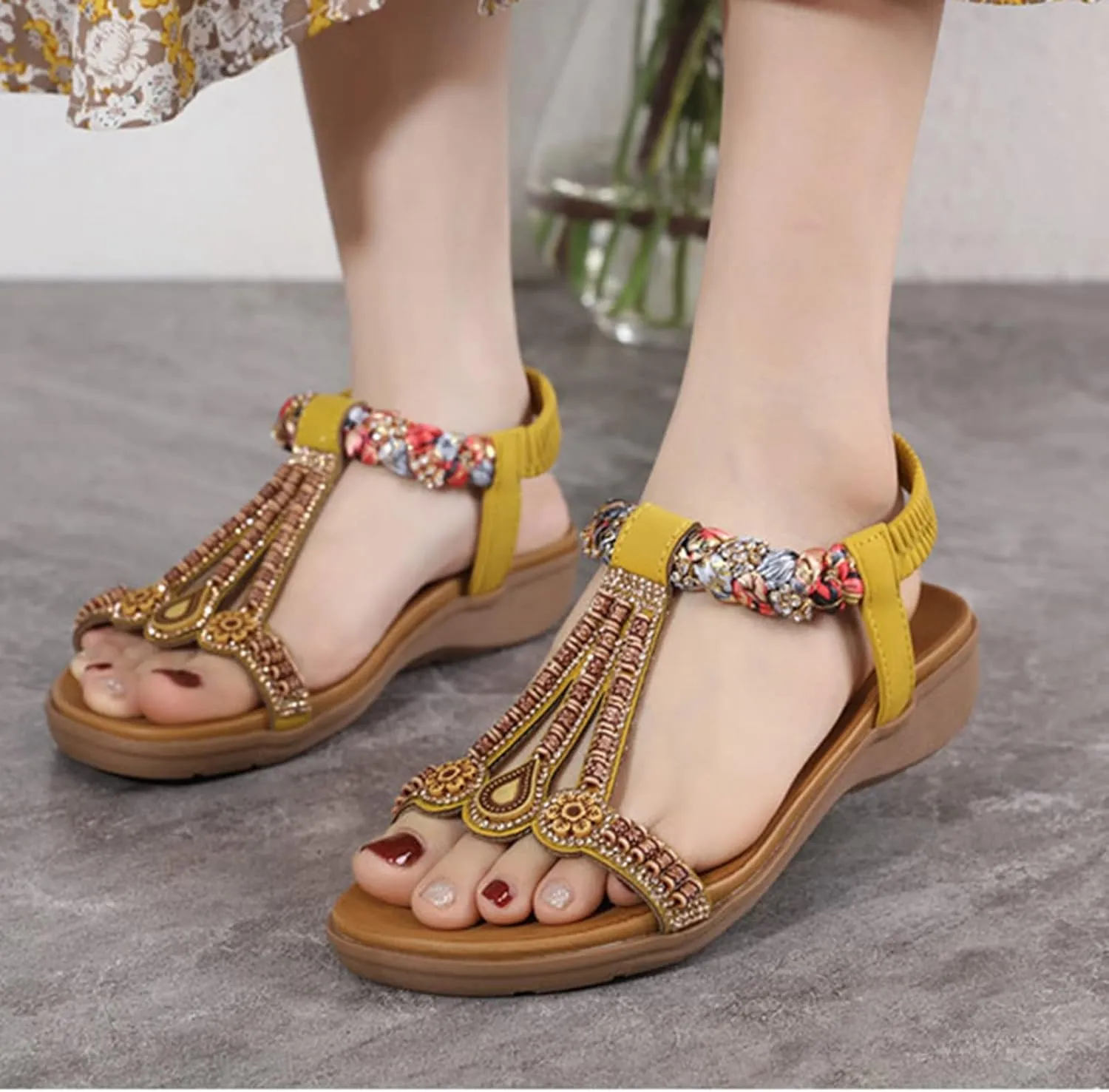 Womens Sandals Arch Support Summer Beach Sandals Elastic Ankle Strap Jeweled Bohemian Flats, Comfortable Slip on Walking Beach Dress Shoes Orthopedic Sandal
