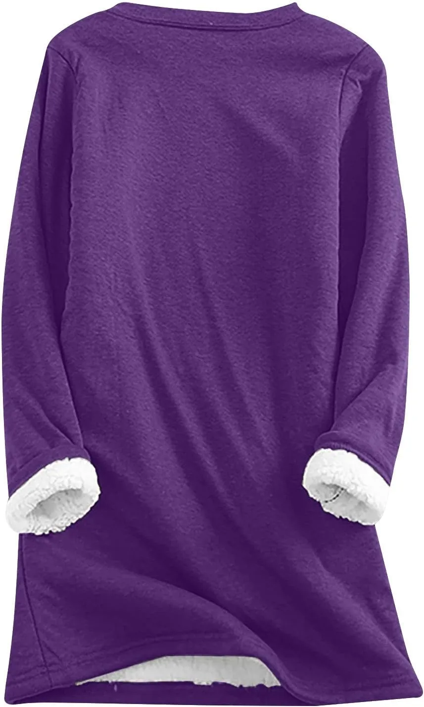 Women's Sherpa Lined Pullover Fleece Crewneck Sweatshirts Cute Winter Warm Fuzzy Sweaters Casual Loungewear