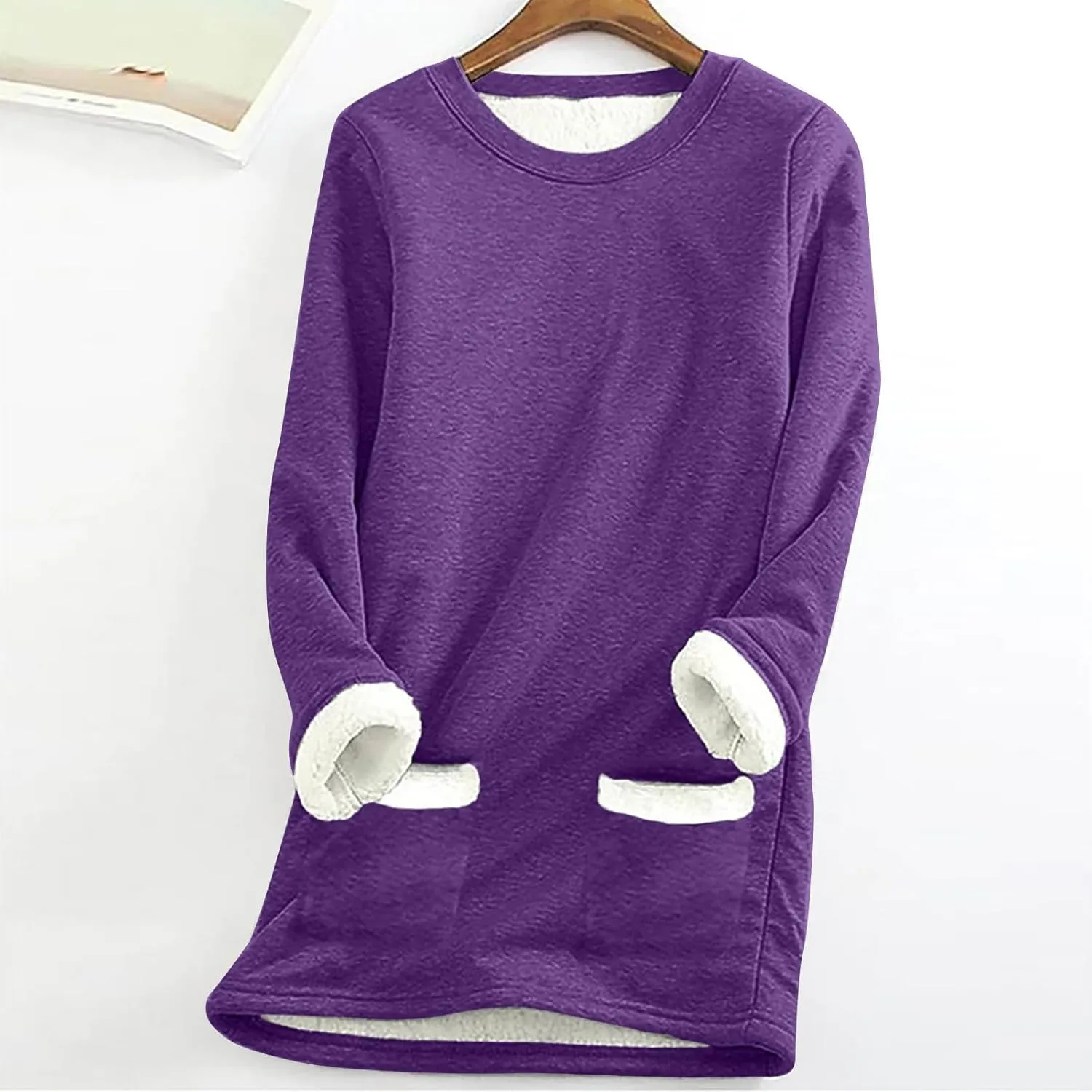Women's Sherpa Lined Pullover Fleece Crewneck Sweatshirts Cute Winter Warm Fuzzy Sweaters Casual Loungewear