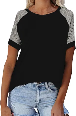 Women's Short Raglan Sleeve T-Shirts Trendy Casual Color Block Crewneck Tops Daily Outdoor Loose Fit Spring Shirts