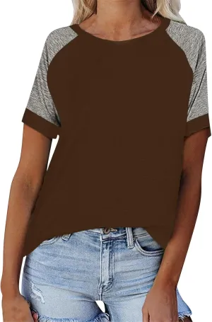 Women's Short Raglan Sleeve T-Shirts Trendy Casual Color Block Crewneck Tops Daily Outdoor Loose Fit Spring Shirts