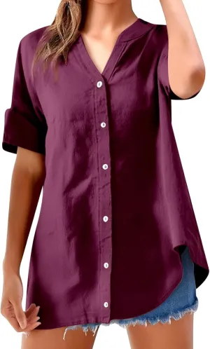 Women's Short Sleeve Linen Shirts Casual Round Neck Comfy T Shirt Button Down Collar Loose Summer Tee Shirts