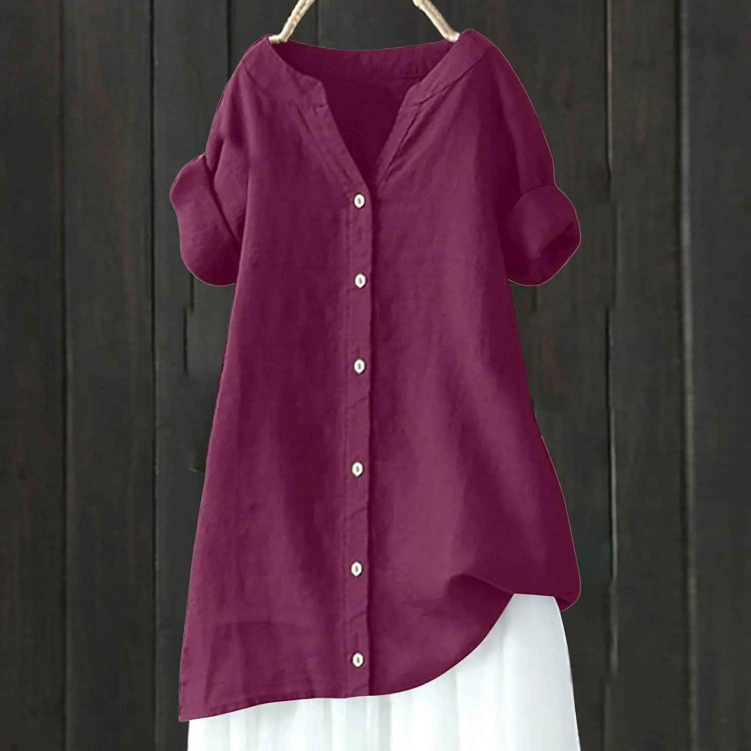 Women's Short Sleeve Linen Shirts Casual Round Neck Comfy T Shirt Button Down Collar Loose Summer Tee Shirts