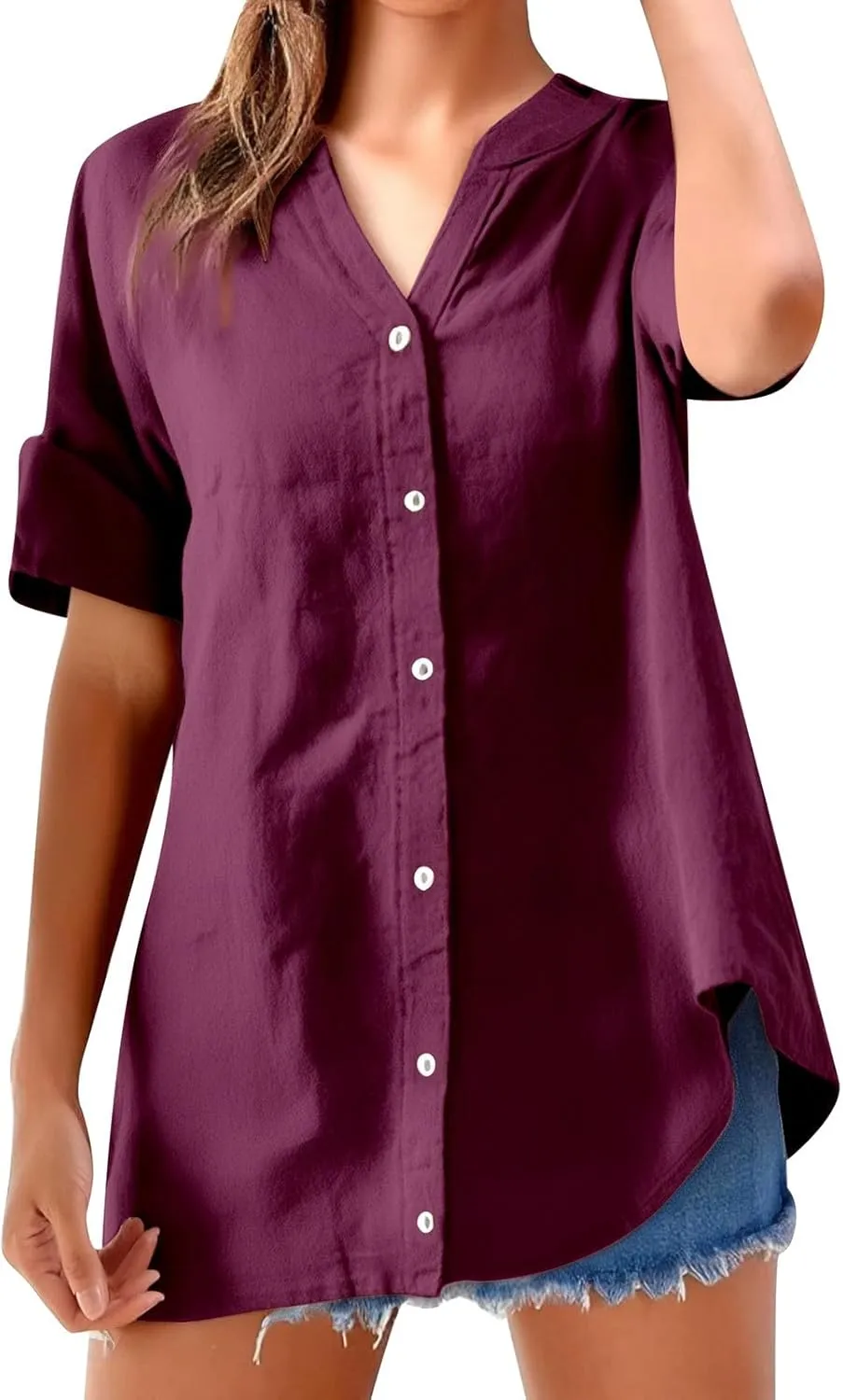 Women's Short Sleeve Linen Shirts Casual Round Neck Comfy T Shirt Button Down Collar Loose Summer Tee Shirts