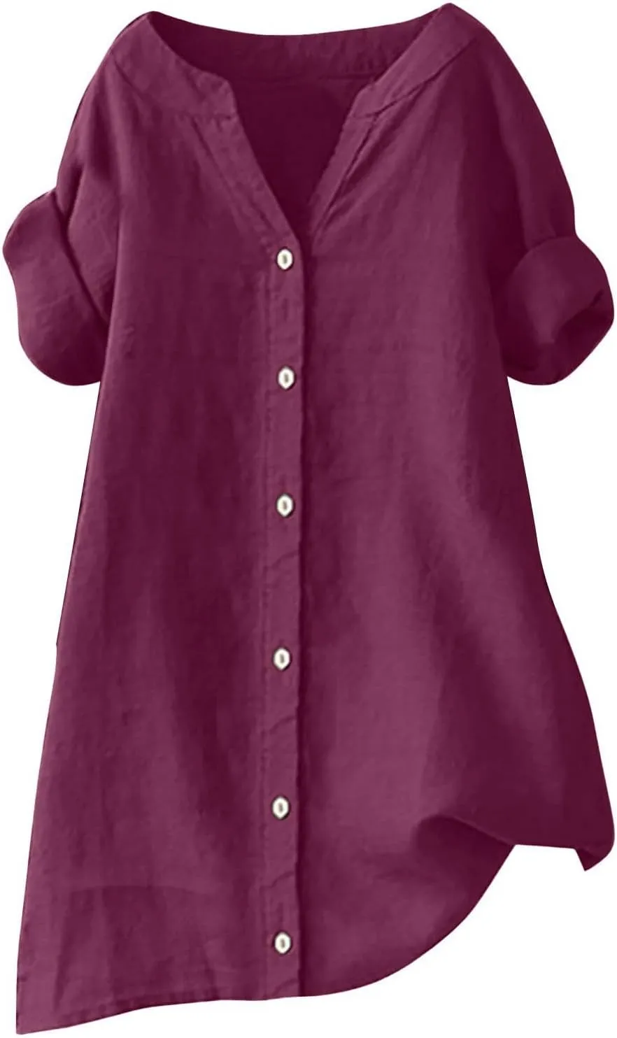Women's Short Sleeve Linen Shirts Casual Round Neck Comfy T Shirt Button Down Collar Loose Summer Tee Shirts