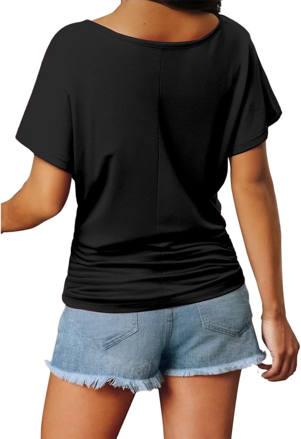 Womens Short Sleeve V Neck Dolman Tops Loose Fit Blouse Shirts Summer Business Tunic T Shirts with Side Shirring