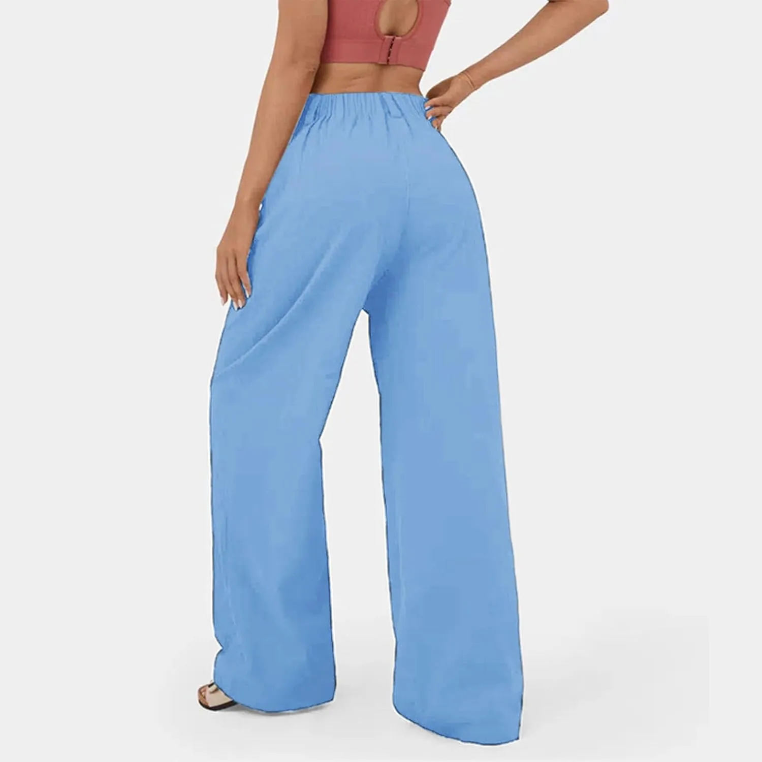 Womens Solid Color High Waist Dress Pants Wide Leg Back Elastic Waist Business Trousers Casual Loose Suit Pants with Pockets