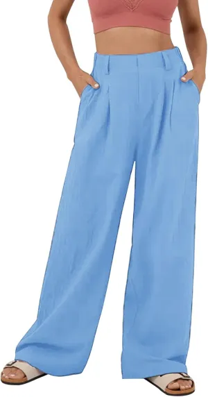 Womens Solid Color High Waist Dress Pants Wide Leg Back Elastic Waist Business Trousers Casual Loose Suit Pants with Pockets