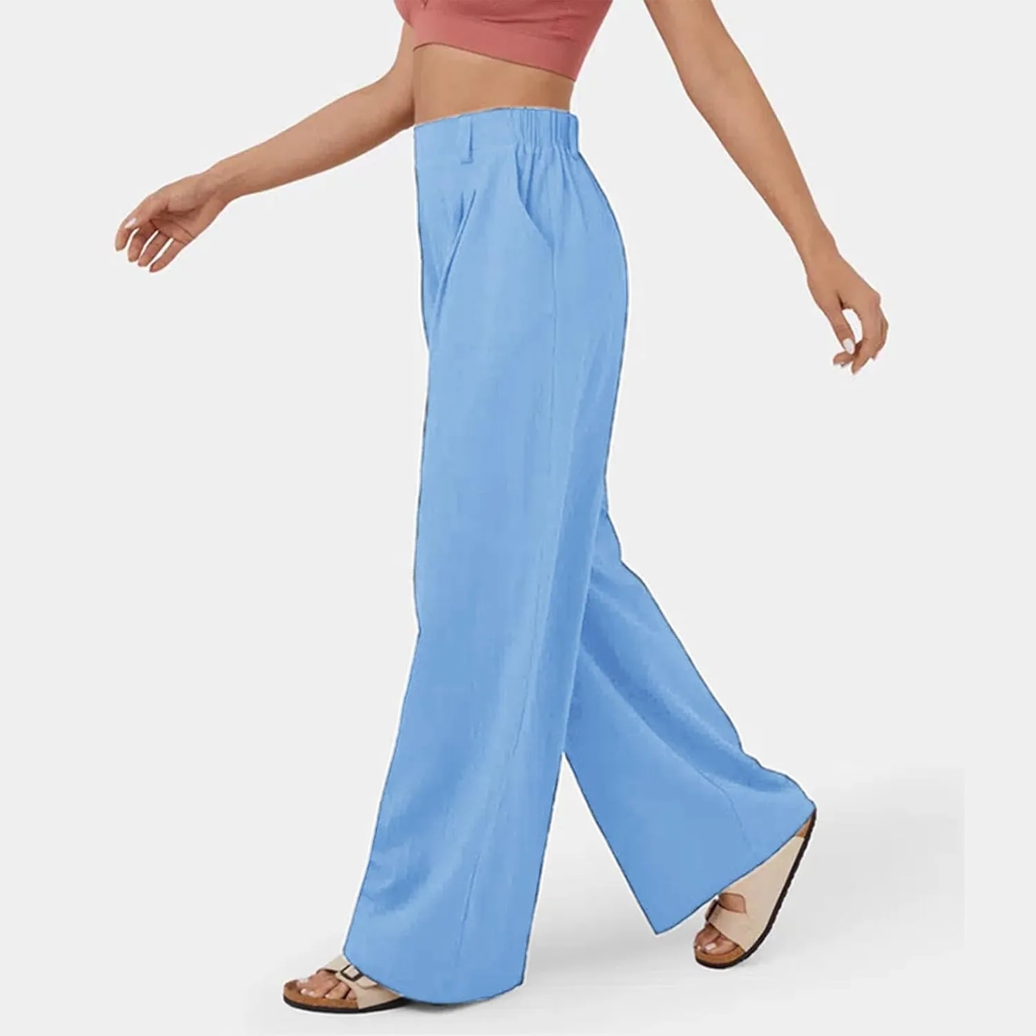 Womens Solid Color High Waist Dress Pants Wide Leg Back Elastic Waist Business Trousers Casual Loose Suit Pants with Pockets