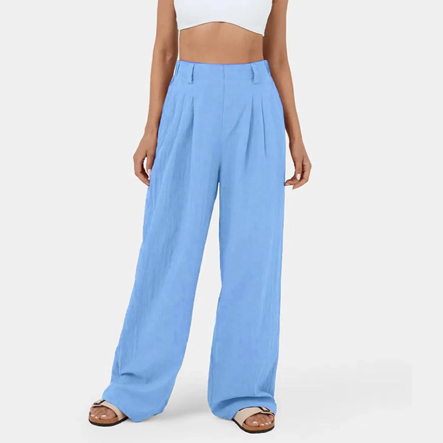 Womens Solid Color High Waist Dress Pants Wide Leg Back Elastic Waist Business Trousers Casual Loose Suit Pants with Pockets