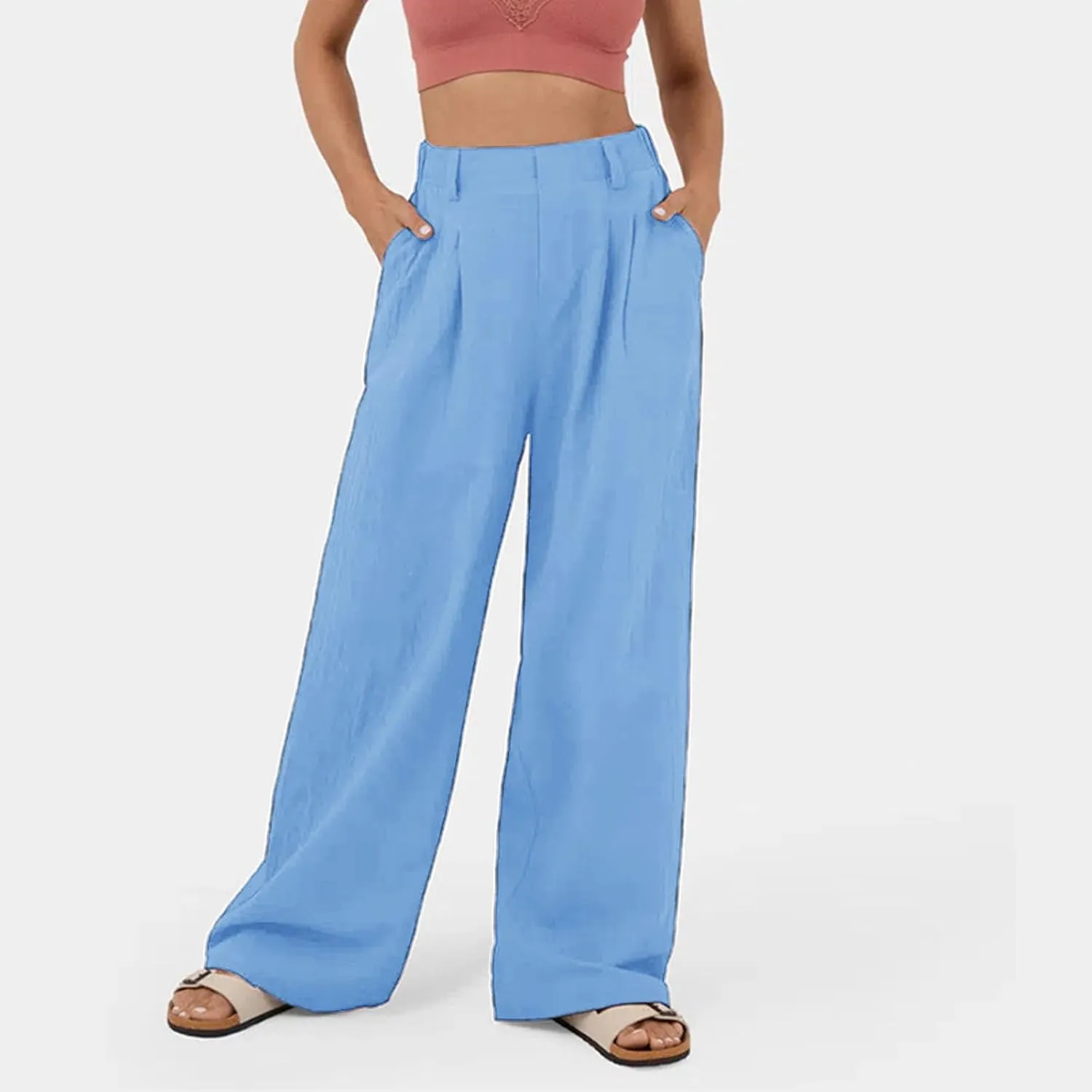 Womens Solid Color High Waist Dress Pants Wide Leg Back Elastic Waist Business Trousers Casual Loose Suit Pants with Pockets