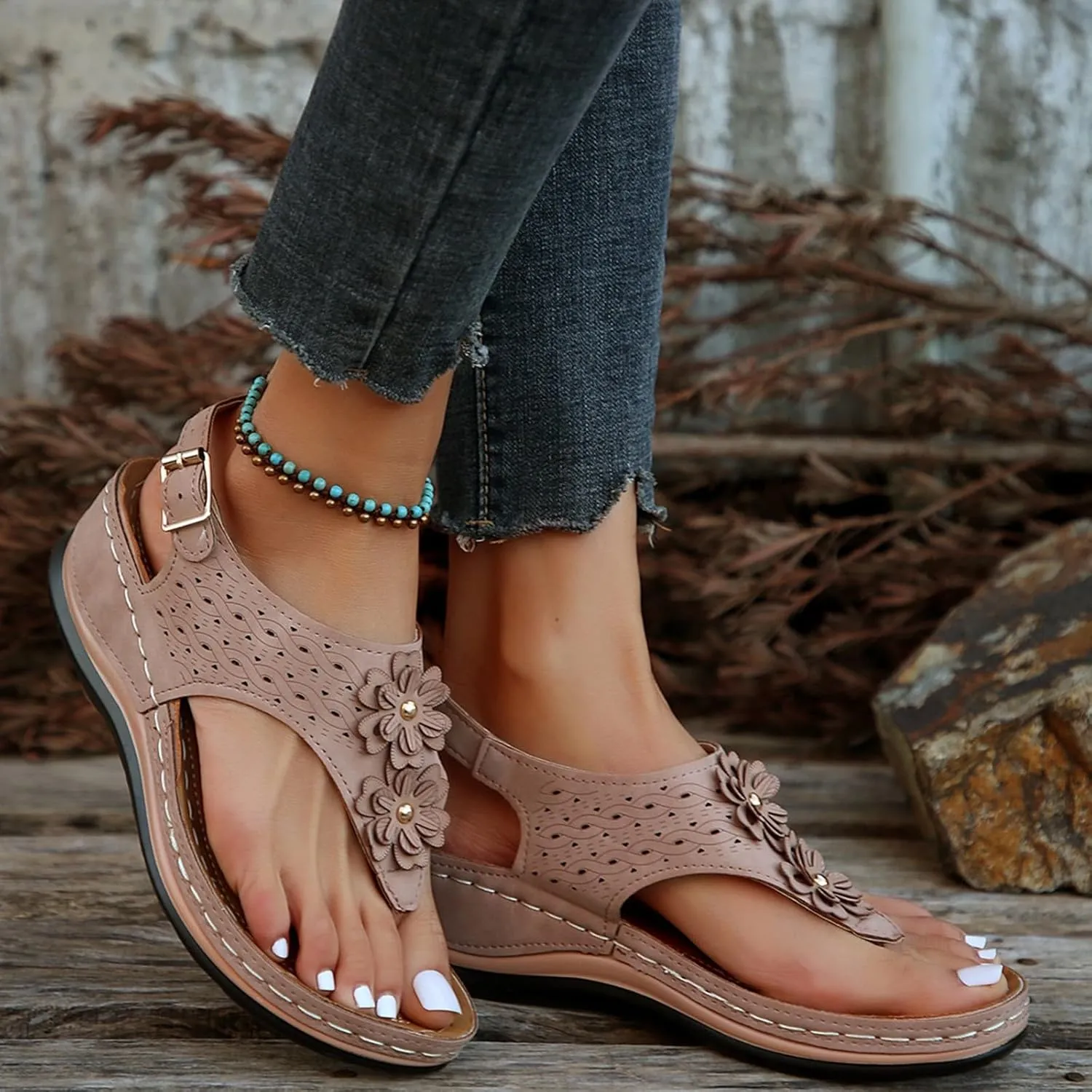 Women's Spring Summer And Autumn Wedge Sandals With Flower Clips Wedge Heels Beach Fisherman Sandals for Women Heel