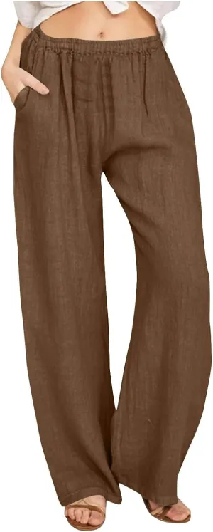 Womens Summer Casual Linen Pants 2025 Fashion High Waist Loose Fit Drawstring Trousers Palazzo Pants with Pockets