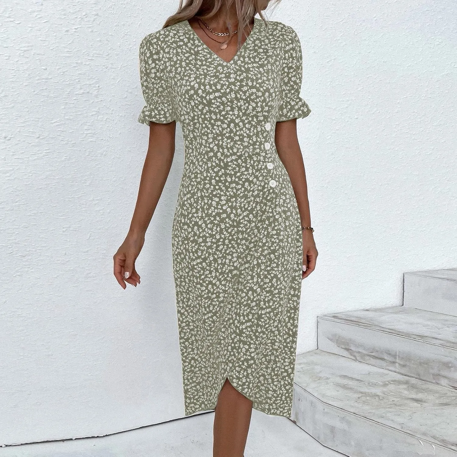 Women's Summer Dress Bohemianes Floral Printed Wrap A Line V Neck Flounce Sleeve Flowy Ruffle Midi Button Polka Dot Beach