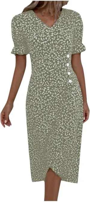 Women's Summer Dress Bohemianes Floral Printed Wrap A Line V Neck Flounce Sleeve Flowy Ruffle Midi Button Polka Dot Beach