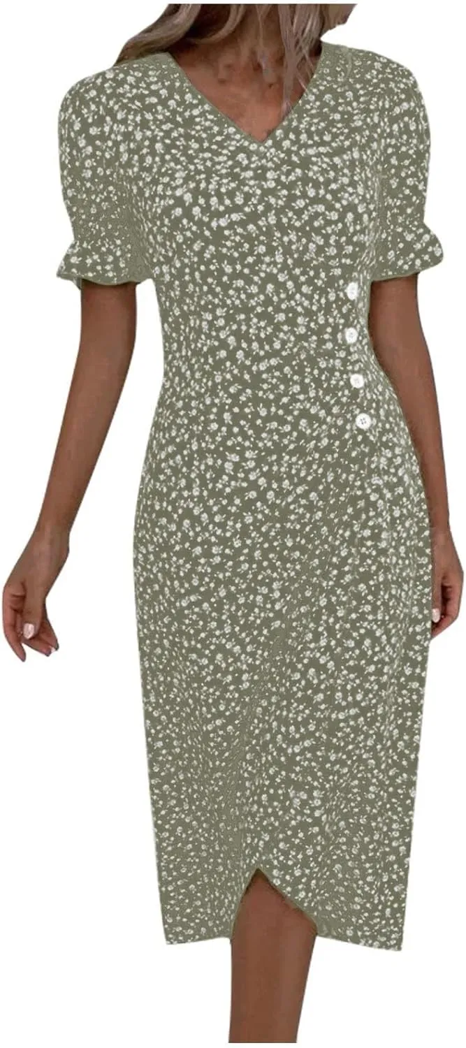 Women's Summer Dress Bohemianes Floral Printed Wrap A Line V Neck Flounce Sleeve Flowy Ruffle Midi Button Polka Dot Beach