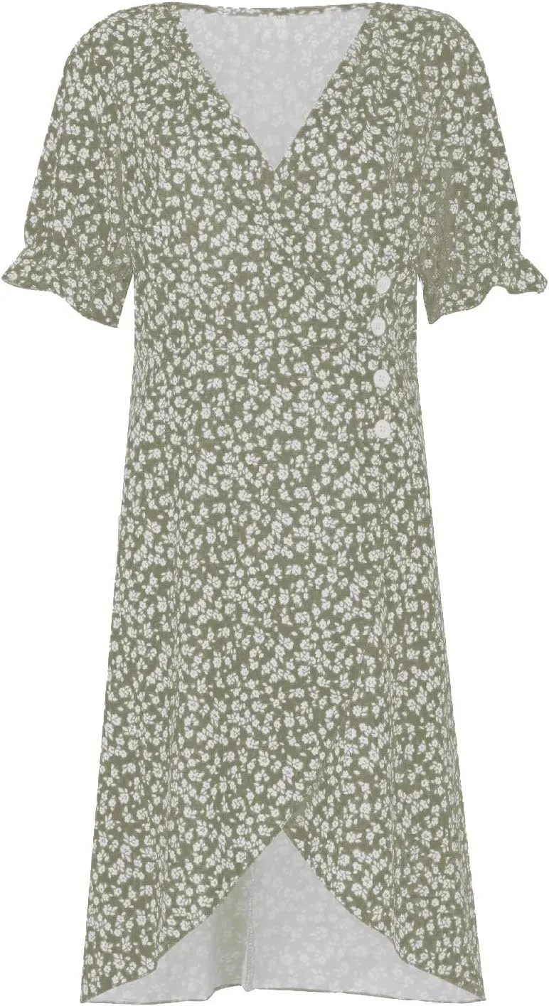 Women's Summer Dress Bohemianes Floral Printed Wrap A Line V Neck Flounce Sleeve Flowy Ruffle Midi Button Polka Dot Beach