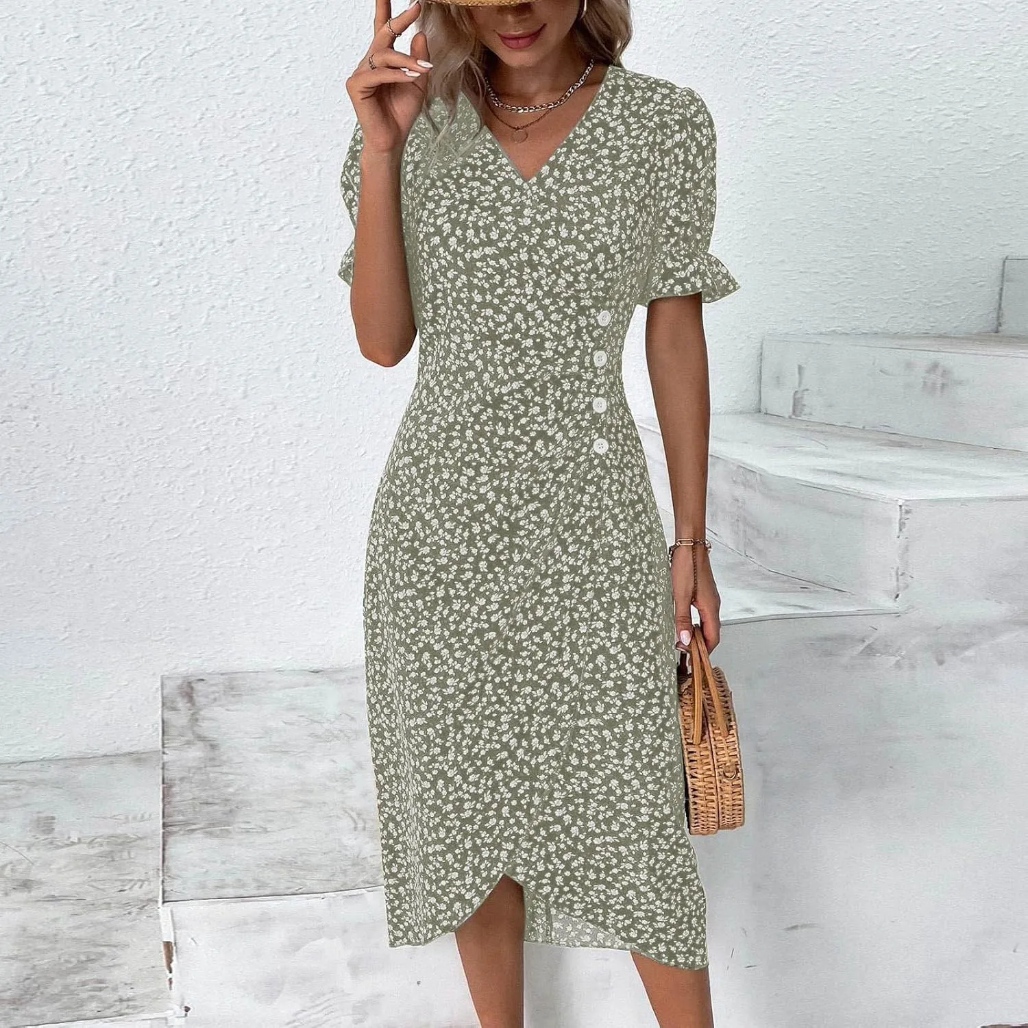 Women's Summer Dress Bohemianes Floral Printed Wrap A Line V Neck Flounce Sleeve Flowy Ruffle Midi Button Polka Dot Beach
