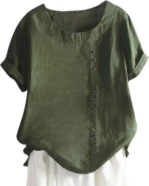 Women's Summer Embroidered T Shirts Casual Cotton Linen Blouse Short Sleeve Round Neck Tops Oversized Boho Tees