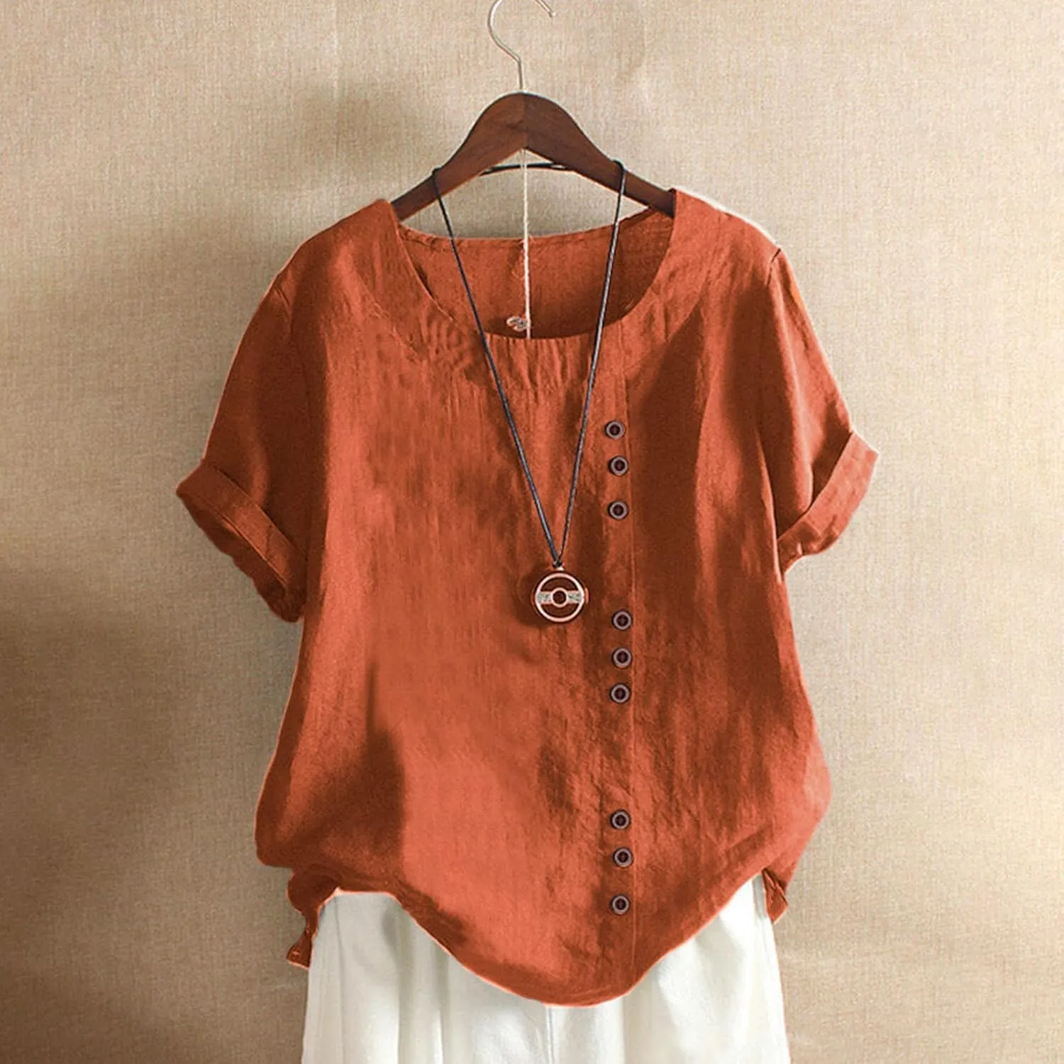 Women's Summer Embroidered T Shirts Casual Cotton Linen Blouse Short Sleeve Round Neck Tops Oversized Boho Tees