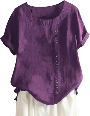 Women's Summer Embroidered T Shirts Casual Cotton Linen Blouse Short Sleeve Round Neck Tops Oversized Boho Tees