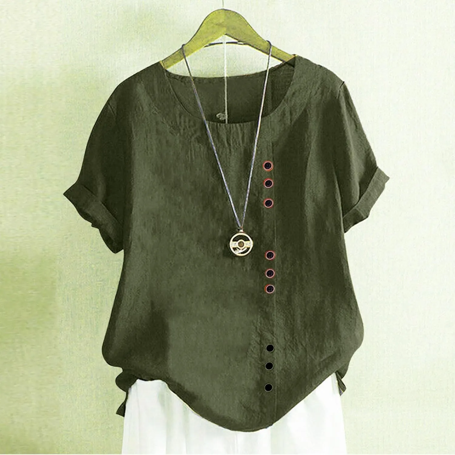 Women's Summer Embroidered T Shirts Casual Cotton Linen Blouse Short Sleeve Round Neck Tops Oversized Boho Tees