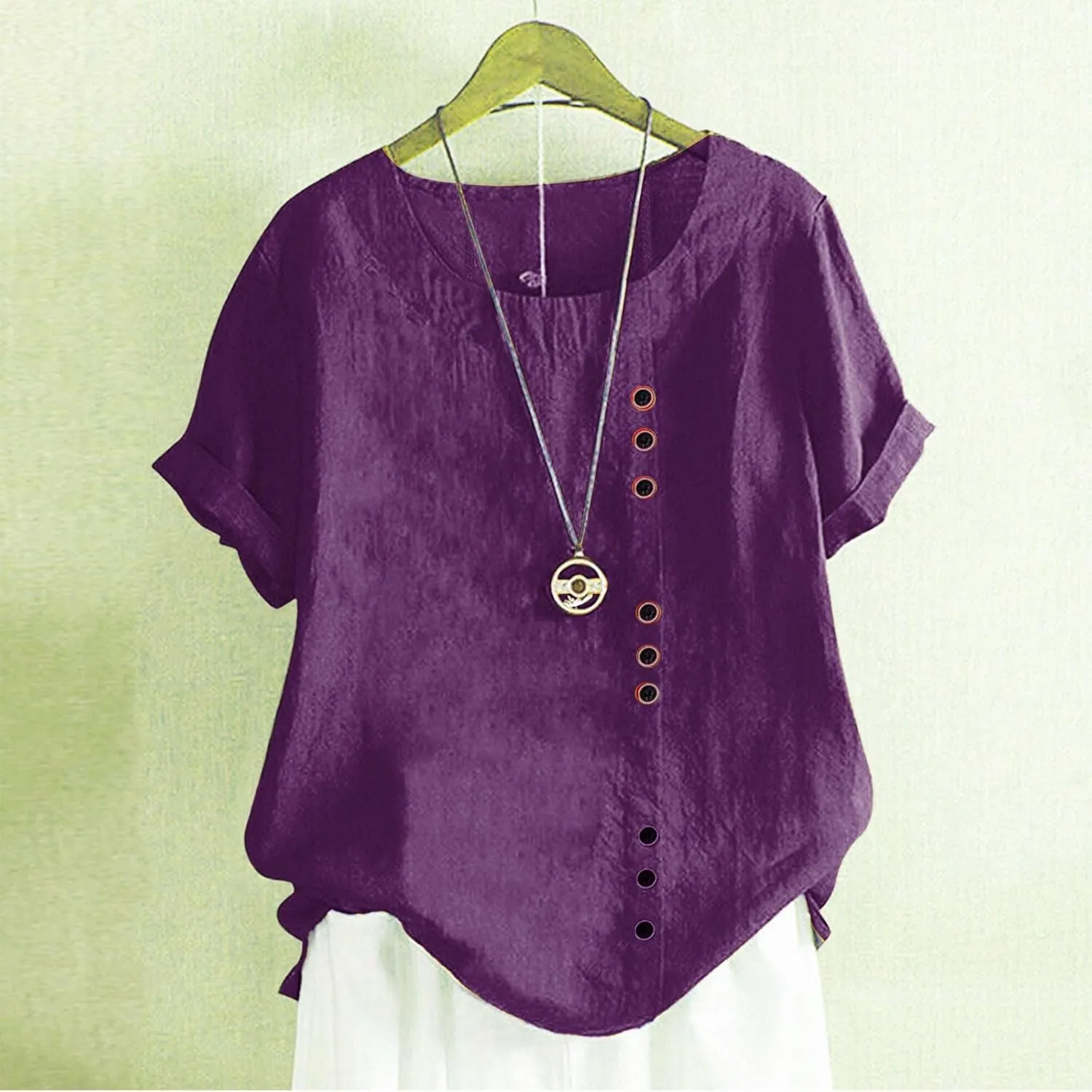Women's Summer Embroidered T Shirts Casual Cotton Linen Blouse Short Sleeve Round Neck Tops Oversized Boho Tees