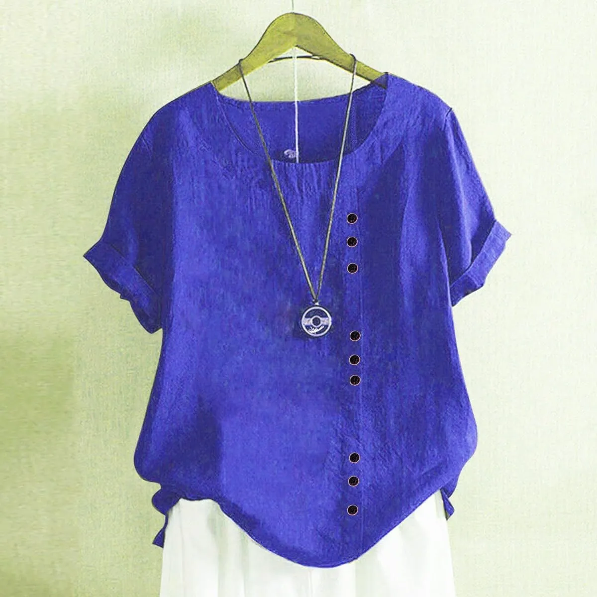 Women's Summer Embroidered T Shirts Casual Cotton Linen Blouse Short Sleeve Round Neck Tops Oversized Boho Tees