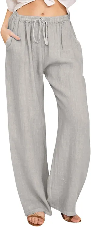 Womens Summer Linen Pants Wide Leg Casual Palazzo Pant Lounge High Waisted Beach Long Trousers Pants with Pockets