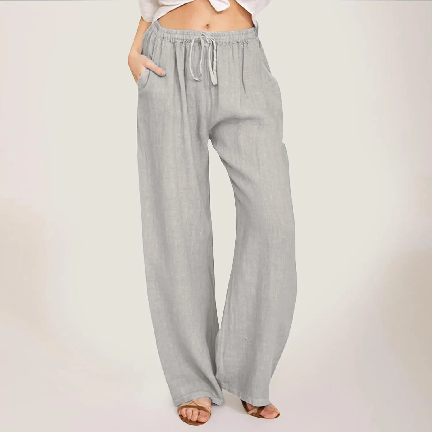 Womens Summer Linen Pants Wide Leg Casual Palazzo Pant Lounge High Waisted Beach Long Trousers Pants with Pockets