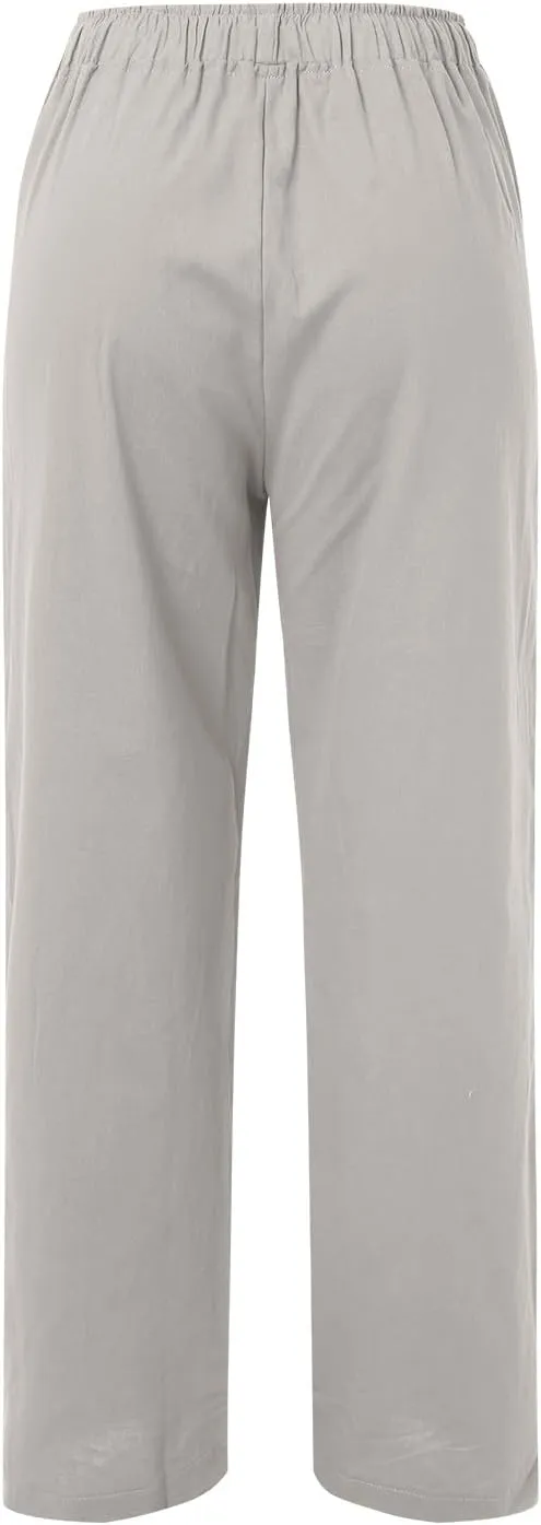 Womens Summer Linen Pants Wide Leg Casual Palazzo Pant Lounge High Waisted Beach Long Trousers Pants with Pockets