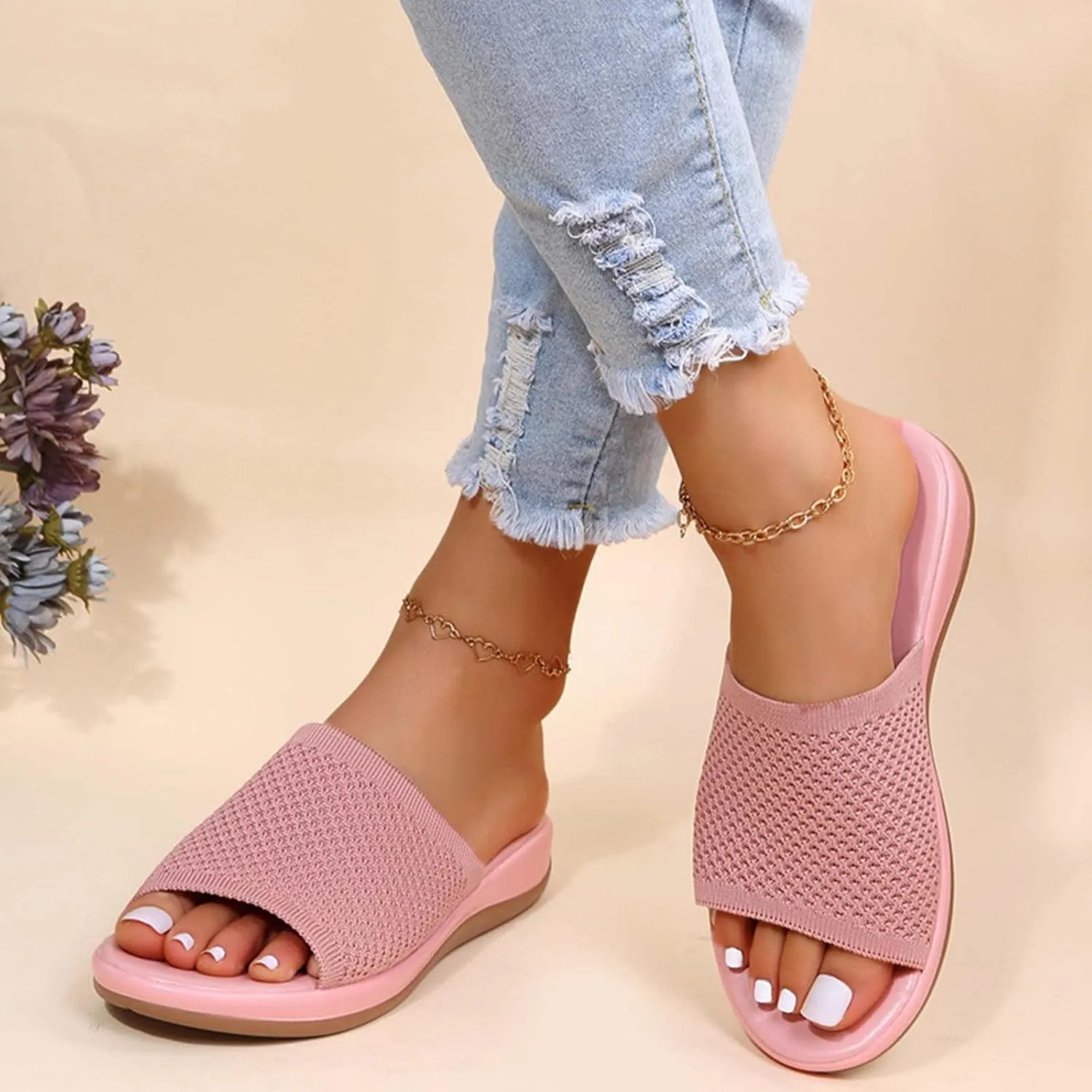 Womens Summer Sandals Flat Slides Dressy Comfortable Slip On Leather Open Toe Beach Raffia Espadrille Adjustable Strap Casual