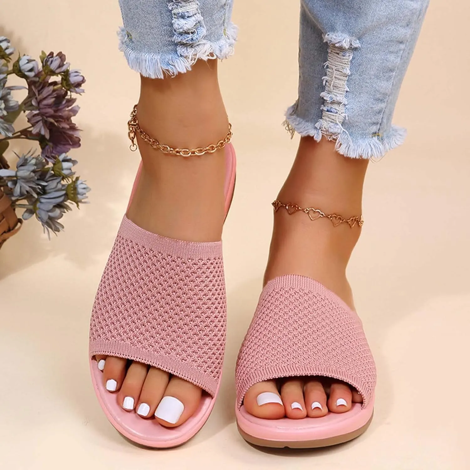 Womens Summer Sandals Flat Slides Dressy Comfortable Slip On Leather Open Toe Beach Raffia Espadrille Adjustable Strap Casual