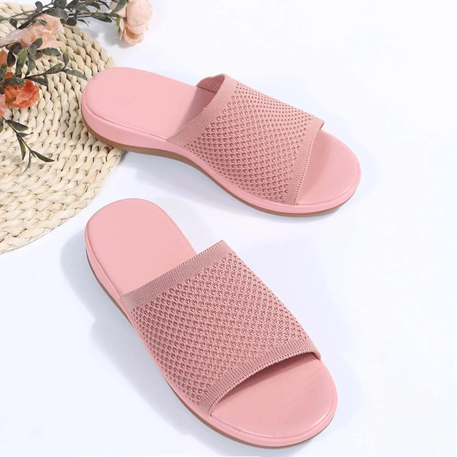 Womens Summer Sandals Flat Slides Dressy Comfortable Slip On Leather Open Toe Beach Raffia Espadrille Adjustable Strap Casual