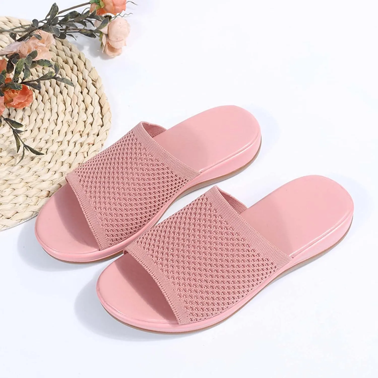 Womens Summer Sandals Flat Slides Dressy Comfortable Slip On Leather Open Toe Beach Raffia Espadrille Adjustable Strap Casual