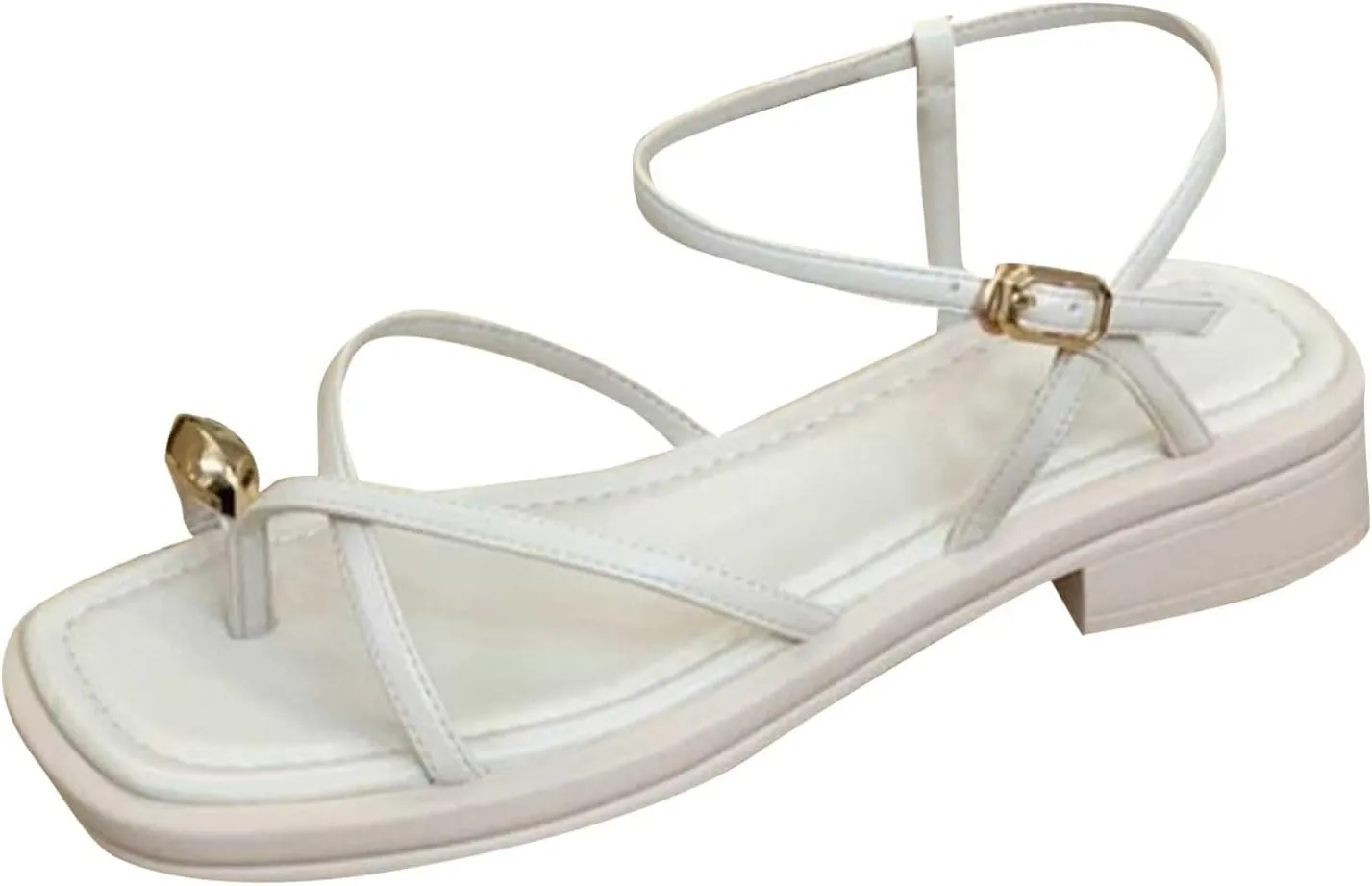 Women's Summer Sandals With One Line Buckle Clip Toe Thick Heel Temperament Thin Strap Studded Sandals for Women