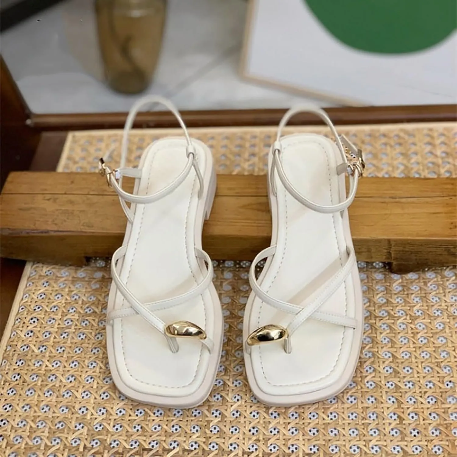 Women's Summer Sandals With One Line Buckle Clip Toe Thick Heel Temperament Thin Strap Studded Sandals for Women